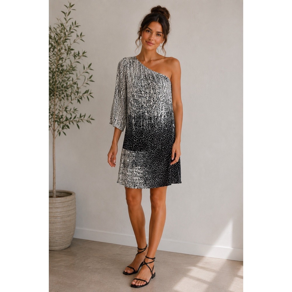 Tibi One-Shoulder‎ Midi Dress Women's Small Black/White Ombré Polka Dot Print